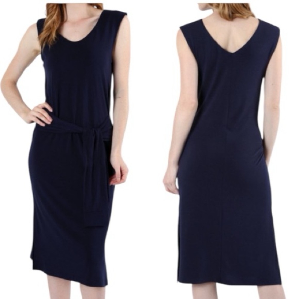 Zenana Outfitters Sleeveless Navy Tie-Waist Midi Dress size large